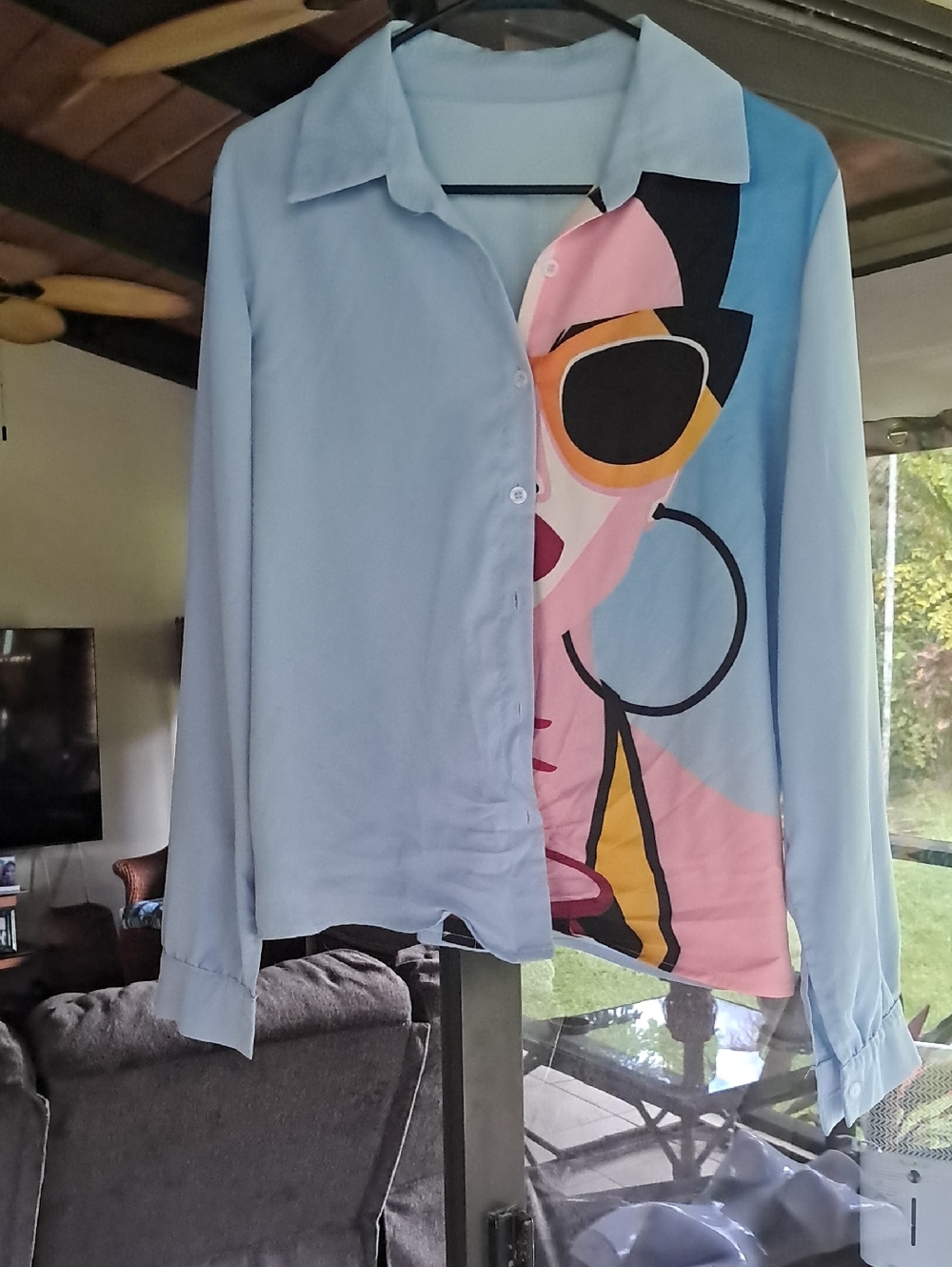 SHEIN Light Blue Pop Art Graphic Button-Up Shirt